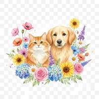 Cat and Dog in Flower Garden